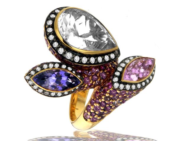 18K R/G DIAMOND & COLOR STONE RING