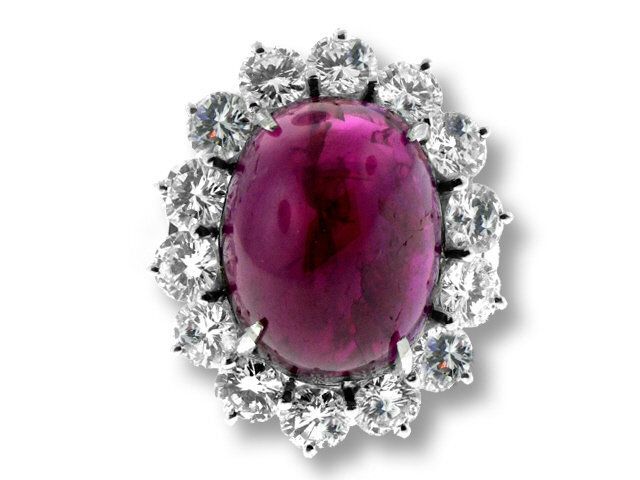 18K White Gold Cabuchon Burma Ruby and Diamond Ring
