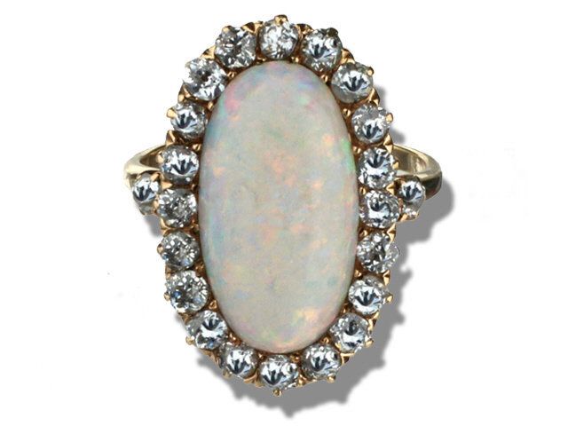 14K YELLOW GOLD ANTIQUE OPAL & DIAMOND RING