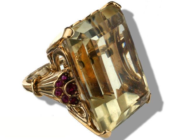 14K YELLOW GOLD VINTAGE RETRO CITRINE + RUBY RING