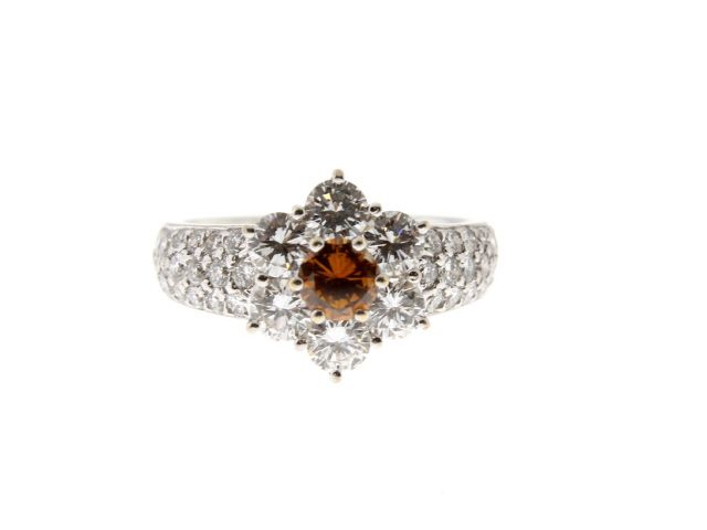 18K White Gold Cognac and White Diamond Ring