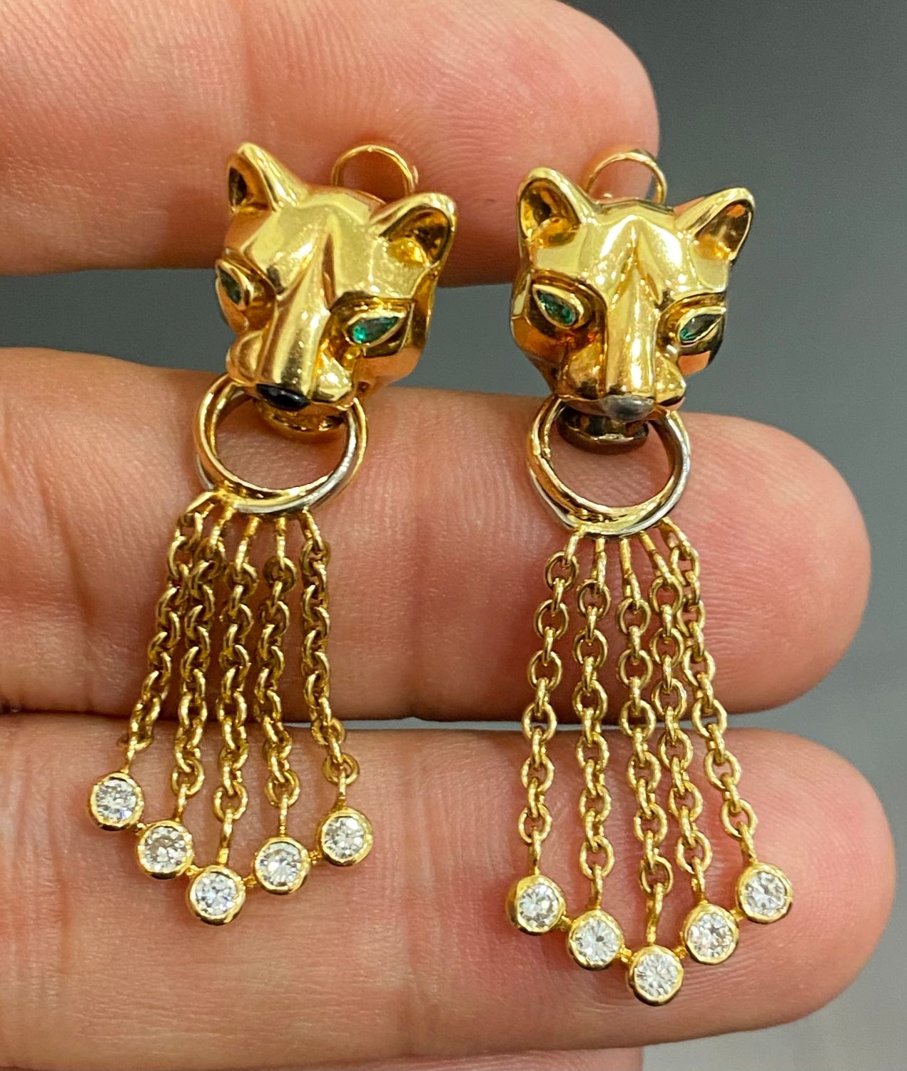 Cartier France Panther Gold Diamond and Emerald Drop Earrings