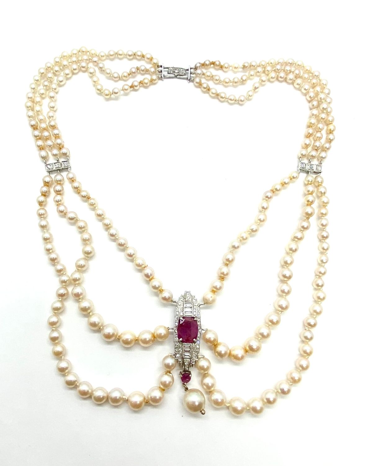 Vintage Pearl, Ruby and Diamond Garland Necklace