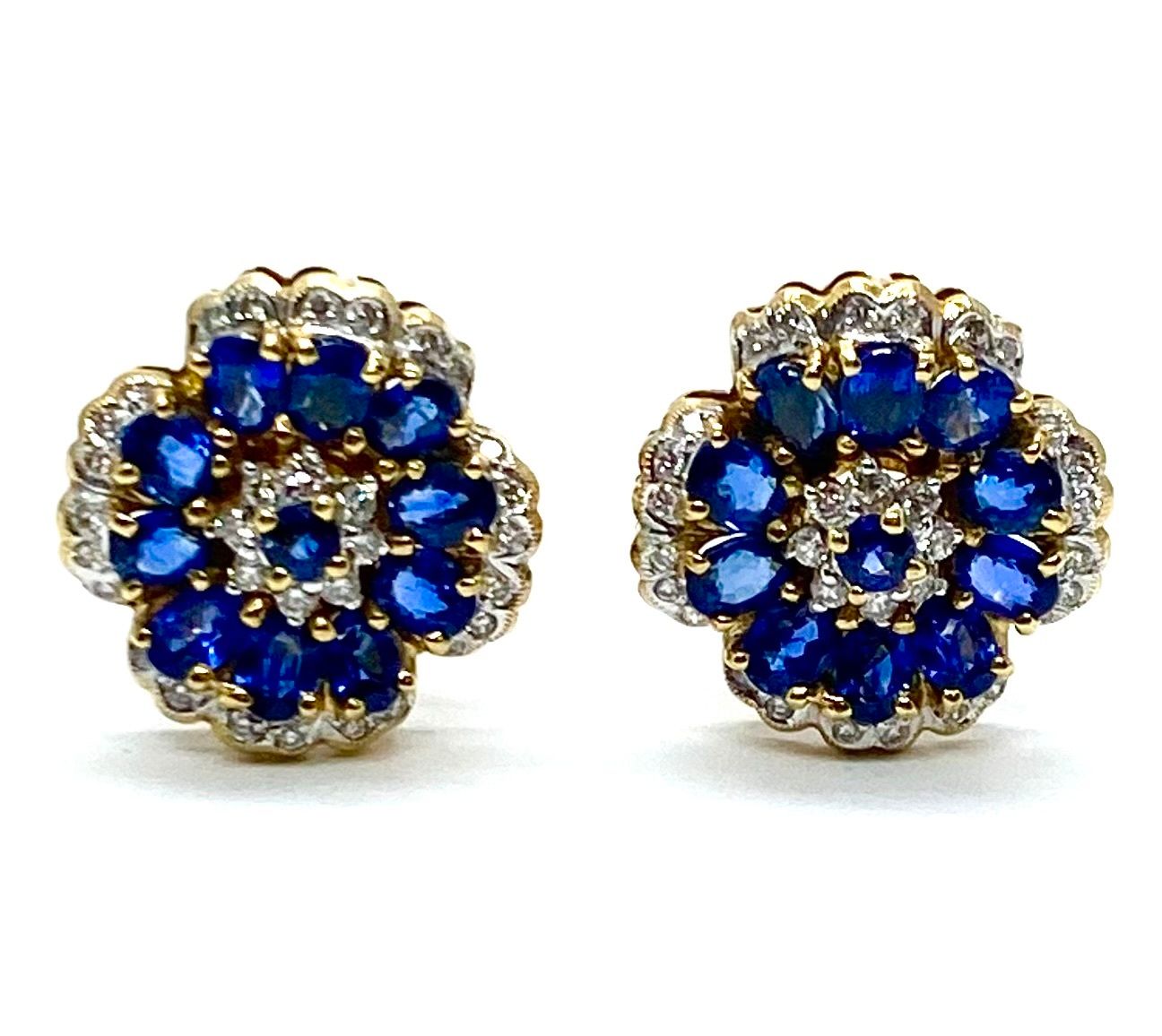 Blue Sapphire and Diamond Flower Earrings