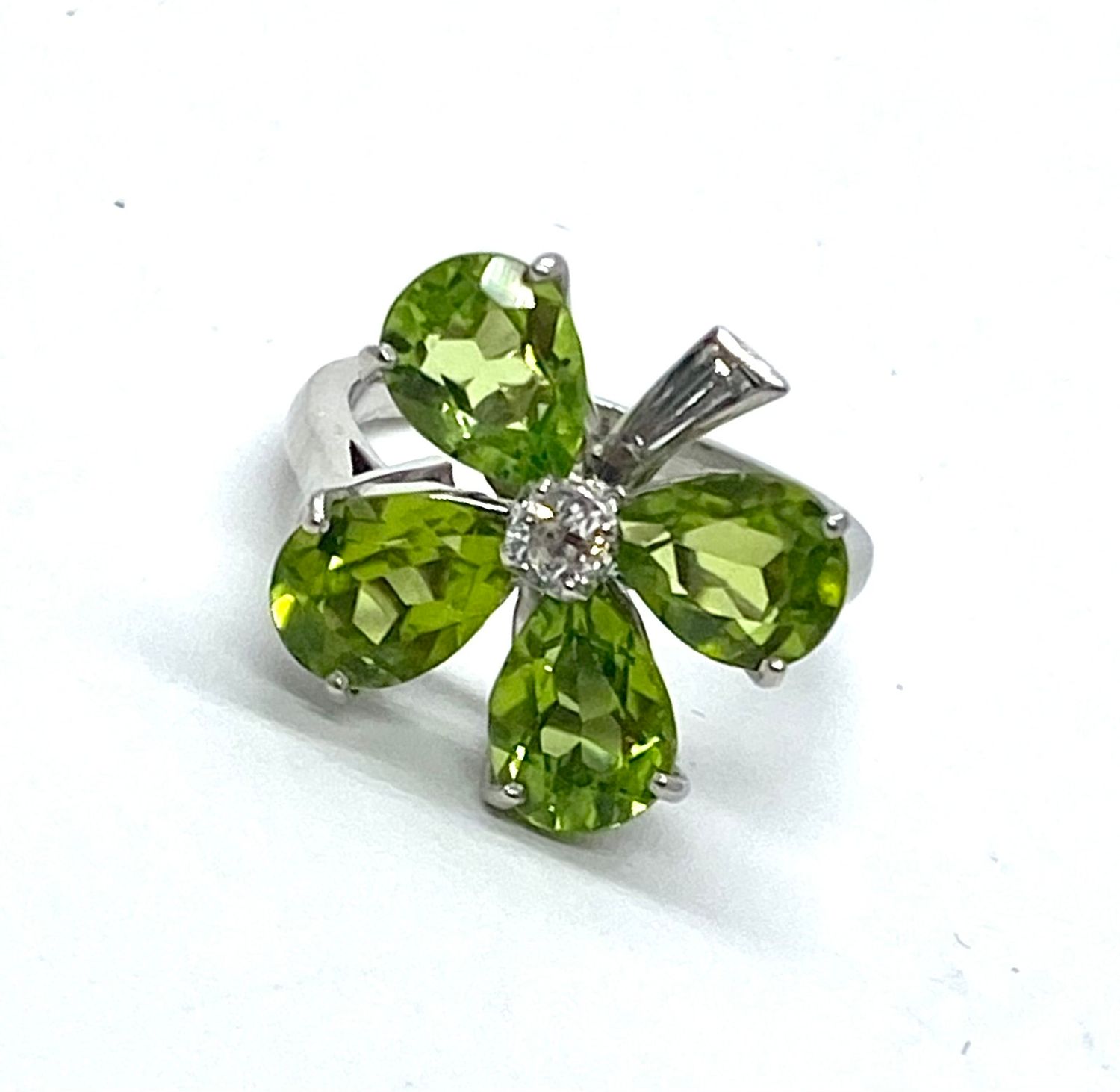 Peridot and Diamond Flower Ring in Platinum