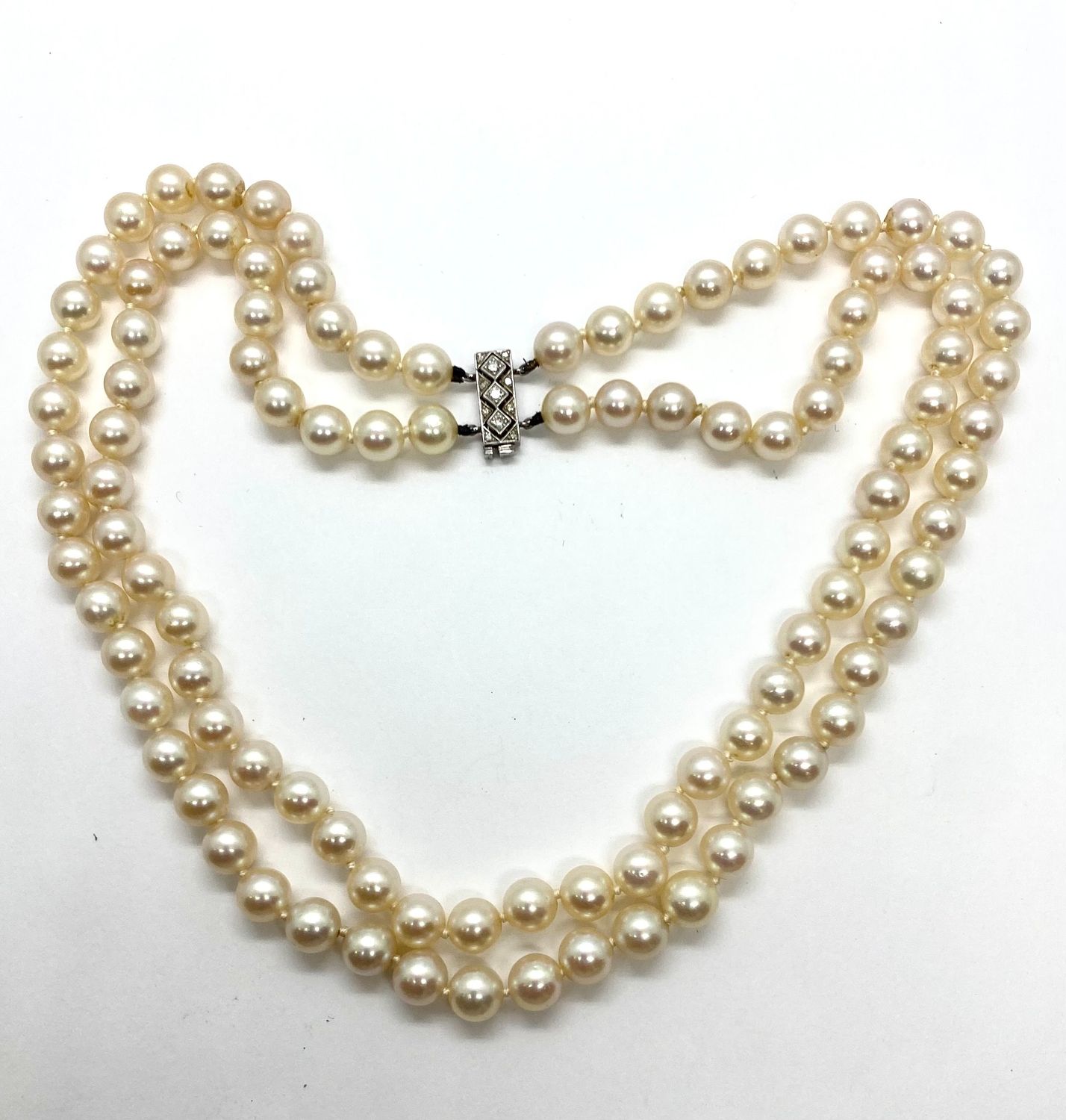 Art Deco Pearl and Diamond Double Strand Necklace