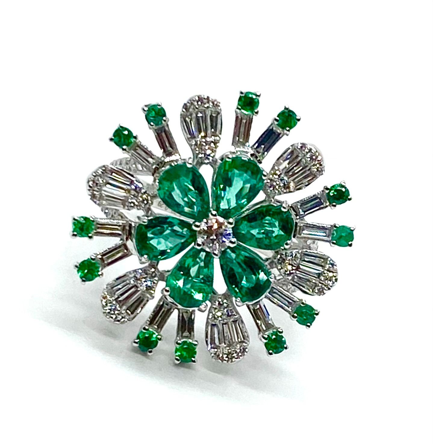 Emerald and Diamond Flower Ring