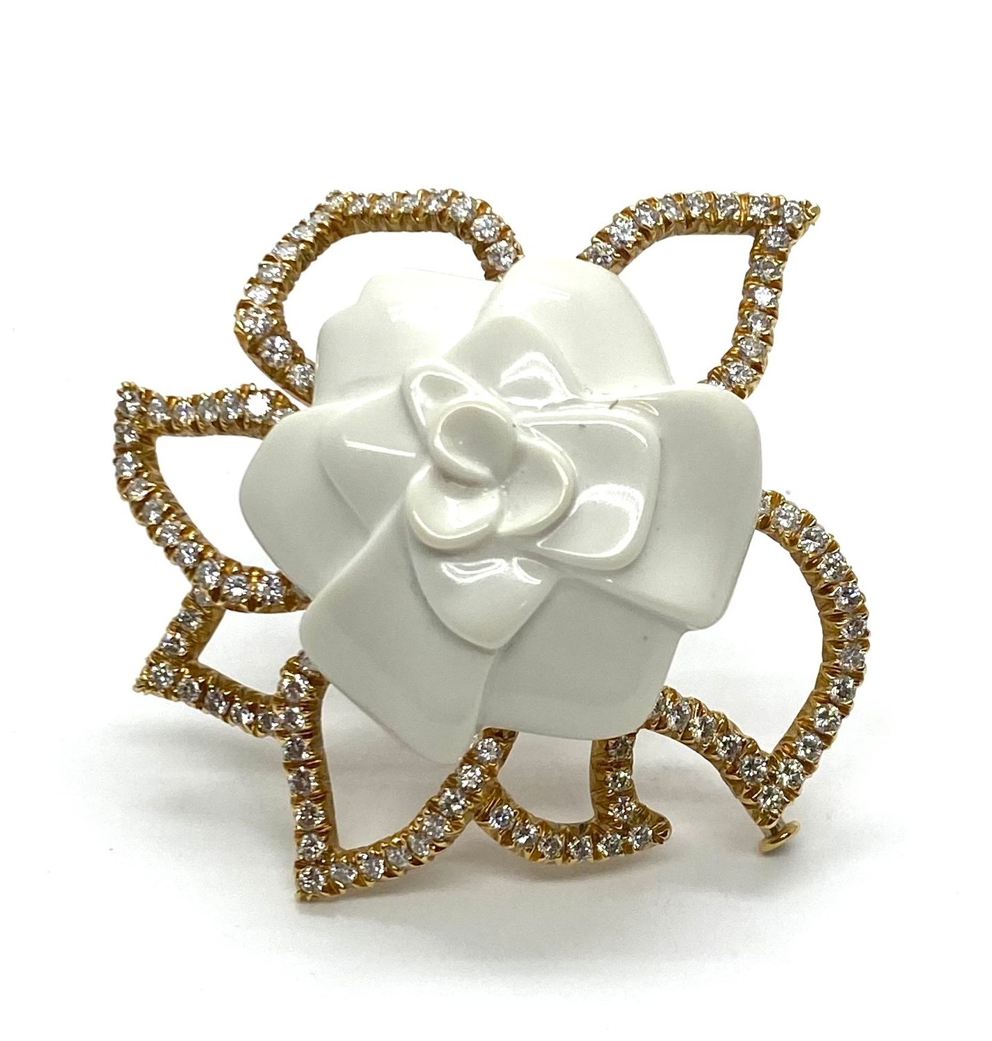 French Chanel Flor De Camilia Ceramic & Diamond Brooch