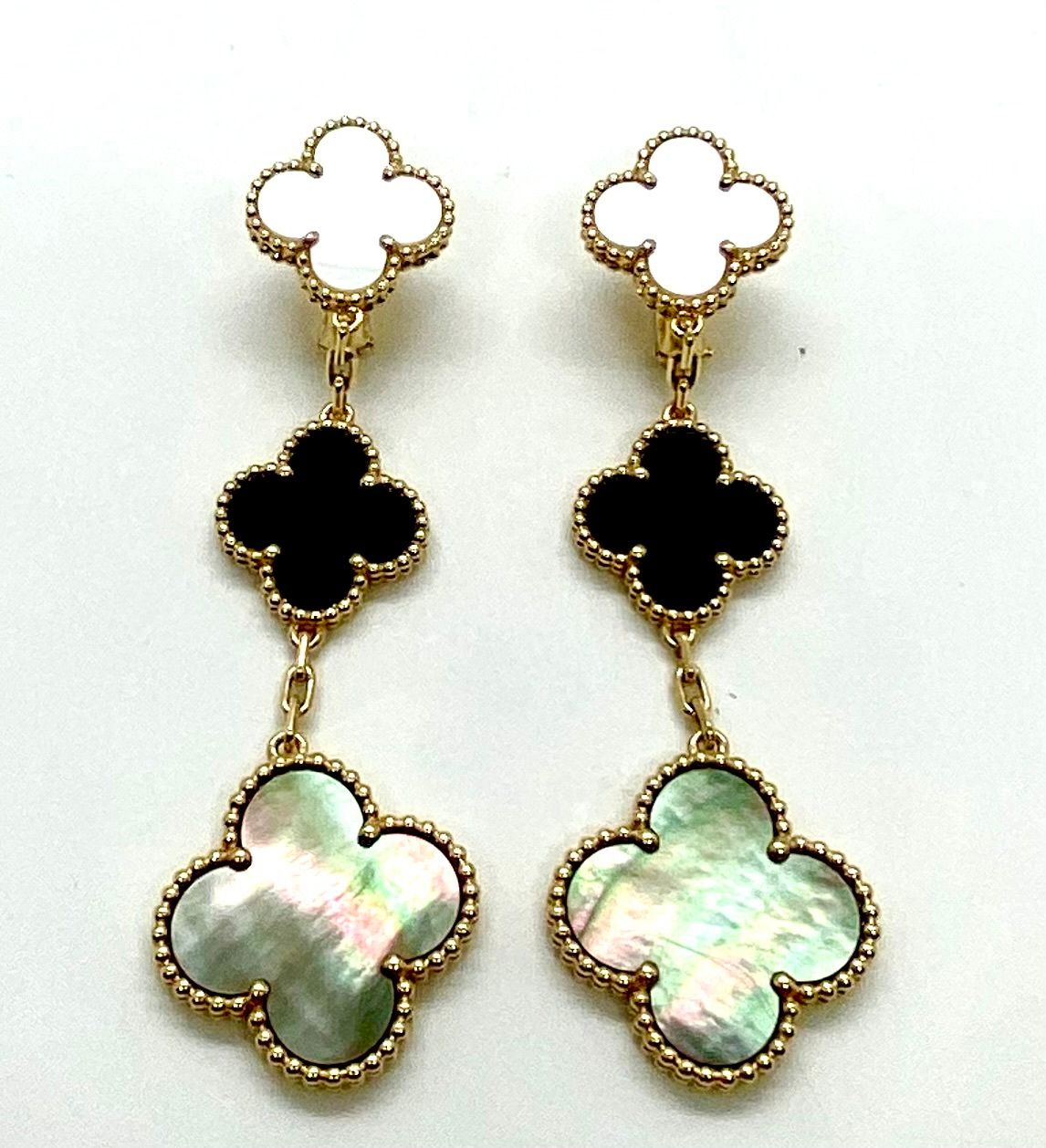 Van Cleef & Arpels Magic Alhambra 3 Motif White & Grey Mother of Pearl and Black Onyx Earrings Earrings VCA