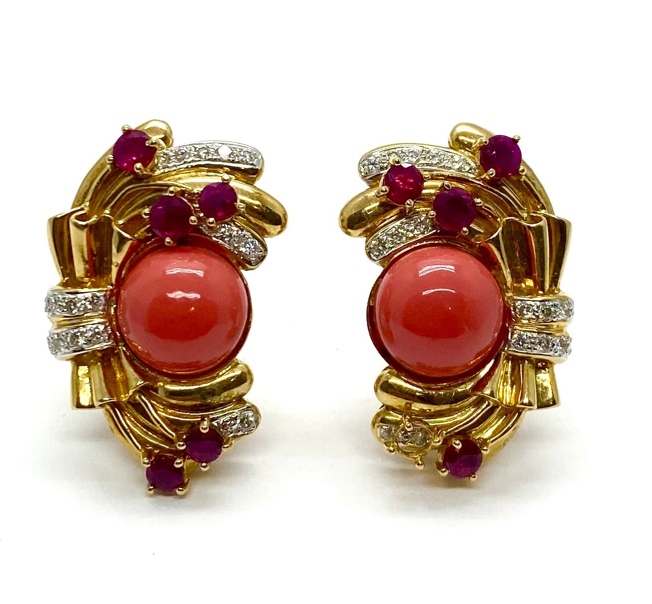 Vintage Yellow Gold Coral Ruby and Diamond Clip Earrings