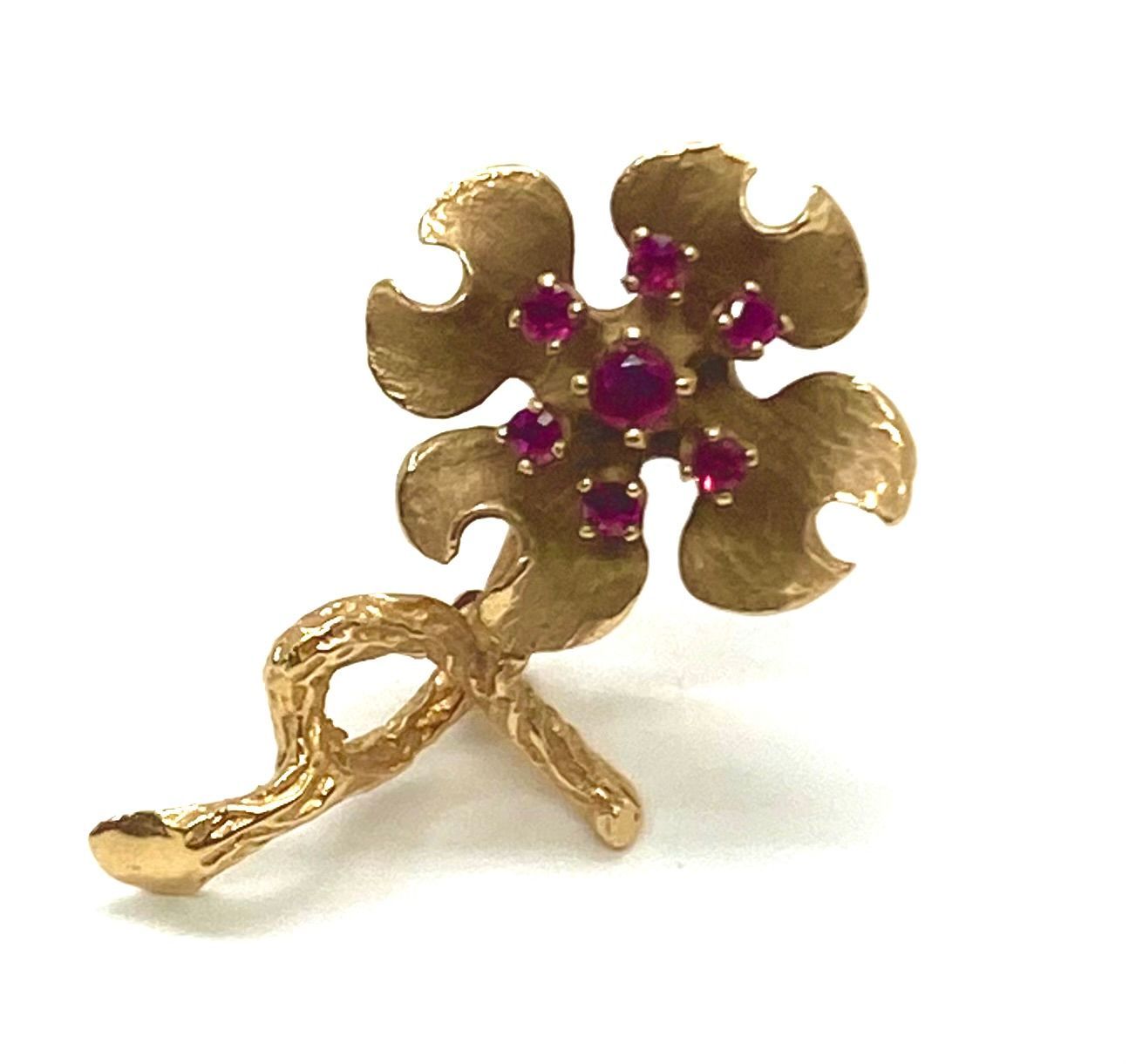Vintage Yellow Gold and Ruby Flower Pin Brooch