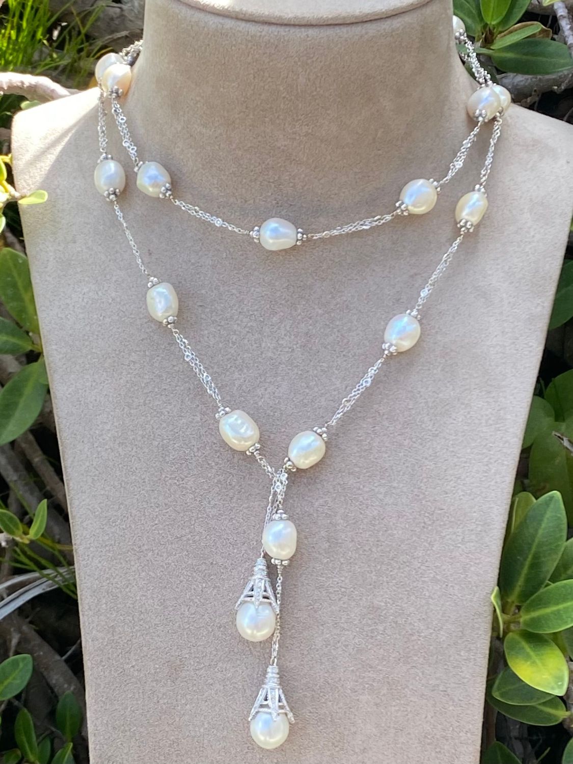 Pearl and Diamond Lariat Necklace in White Gold
