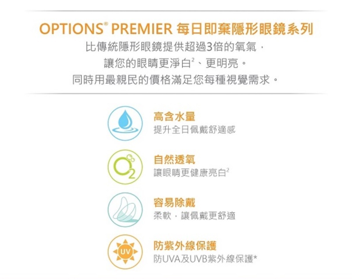 CooperVision OPTIONS Premier For Astigmatism Contact Lens 30 Pcs/Box. Coopervision OPTIONS Premier 每日拋棄式高透氧隱形眼鏡 每日拋棄式散光高透氧隱形眼鏡. 每盒30片.