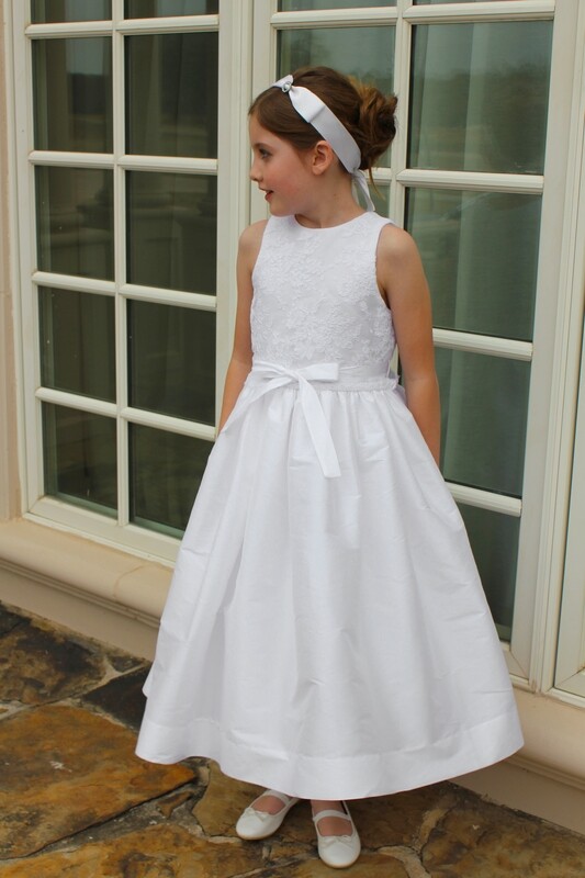 White Lace Overlay and Taffeta Dress - Style 4981T