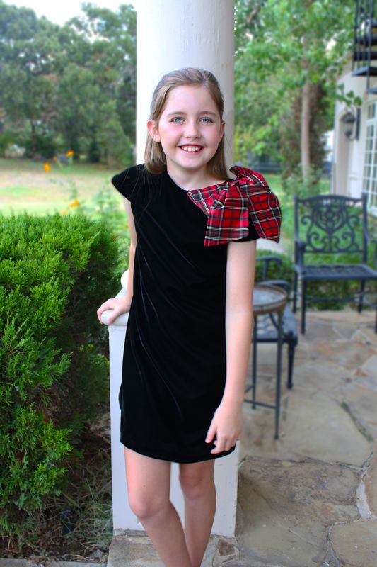 Black Velvet A line Dress with Plaid Bow - Size 7