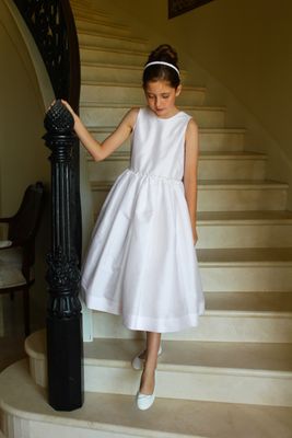 White Taffeta Dress with Sparkle Trim and Bow