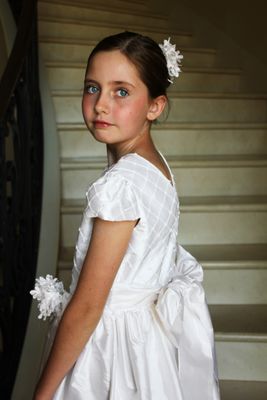 Beaded silk pintuck bodice with silk skirt and bow flower girl dress