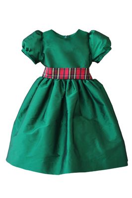Green Taffeta Dress with Holiday Plaid Sash - size 2T