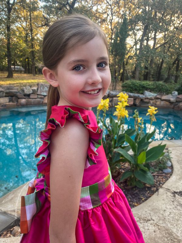 Taffeta with Plaid Flutter Sleeve and Sash - Size 12