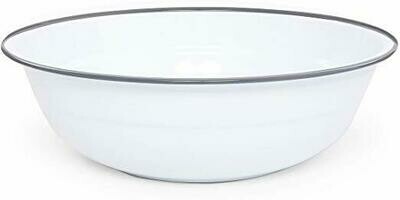 Large White Enamel Footed Bowl with Grey Rolled Rim 8 Qt