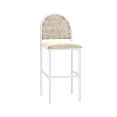 Hollis Stool White Cane - Ivory Velvet Cushion