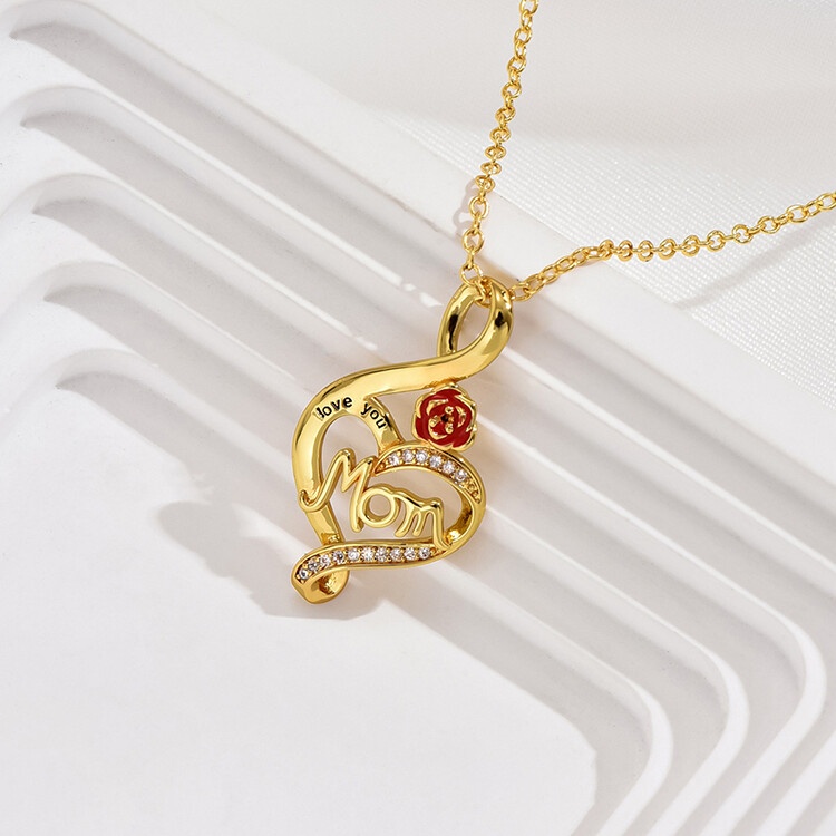 GOLD TONE MOM HEART W/ROSE