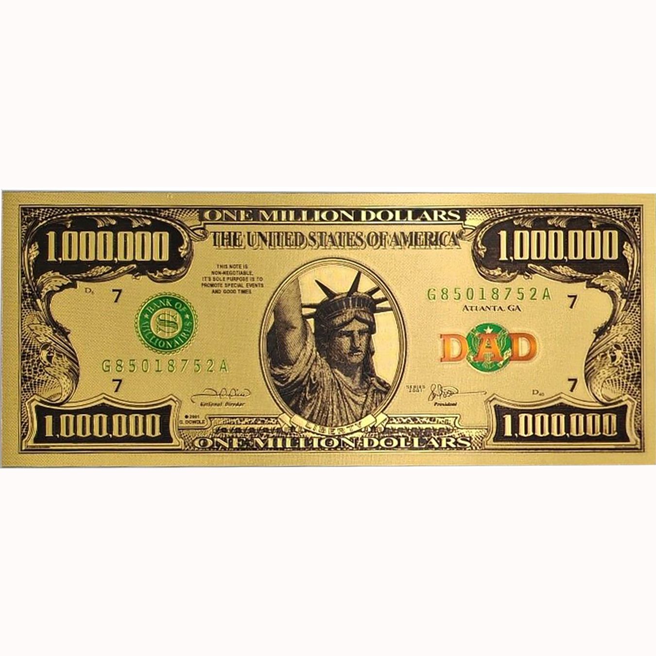 $1,000,000.00 GOLD FOIL DAD BILLS WITH GIFT ENVELOPE
