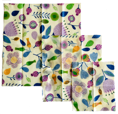 Bees Wax Food Wraps Blue Moave Floral (3 pck)