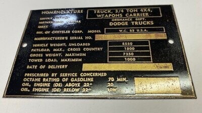 Dodge - Brass Nomenclature Data Plate
