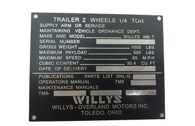 Trailer Data Plate - Willys MB