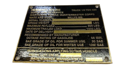Brass Nomenclature Plate - Willys MB