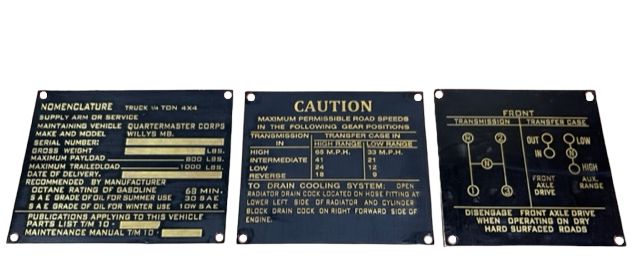 Brass Data Plate Set - Willys MB