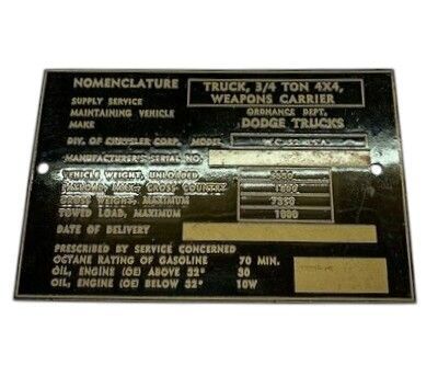 Dodge - Brass Nomenclature Data Plate