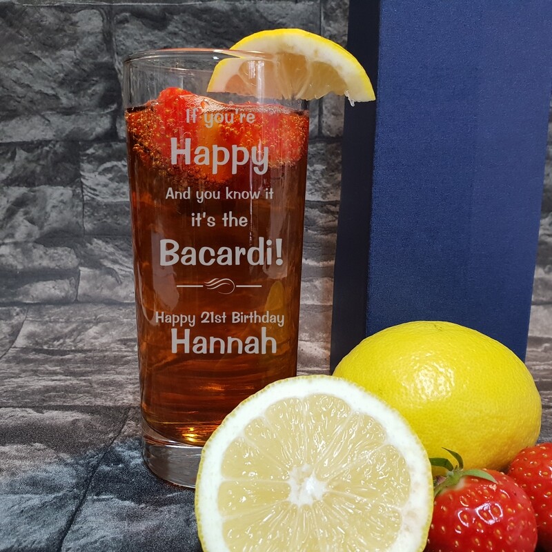 Fun Personalised &quot;If you&#39;re Happy and you know it&quot; Choice of Drink High Ball Glass. Great Birthday and Christmas Gift for a Friend or loved one. HBA91