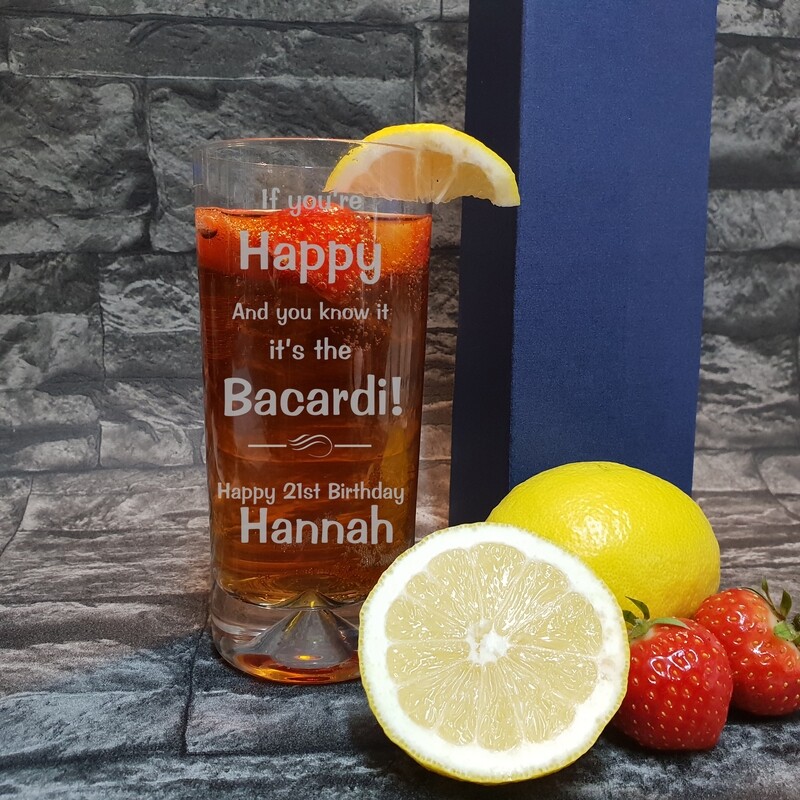 Fun Personalised &quot;If you&#39;re Happy and you know it&quot; Choice of Drink High Ball Glass. Great Birthday and Christmas Gift for a Friend or loved one. HBB91