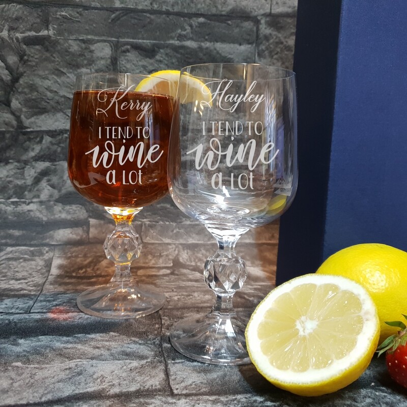 Fun Personalised &quot;I tens to whine a lot&quot; small wine glass glass. Great Birthday and Christmas Gift for a Friend or loved one. WGA58