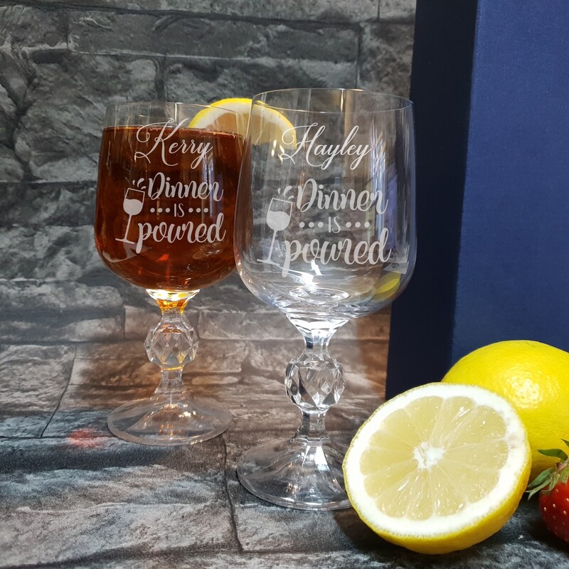Fun Personalised &quot;Dinner is poured&quot; small wine glass glass. Great Birthday and Christmas Gift for a Friend or loved one. WGA54