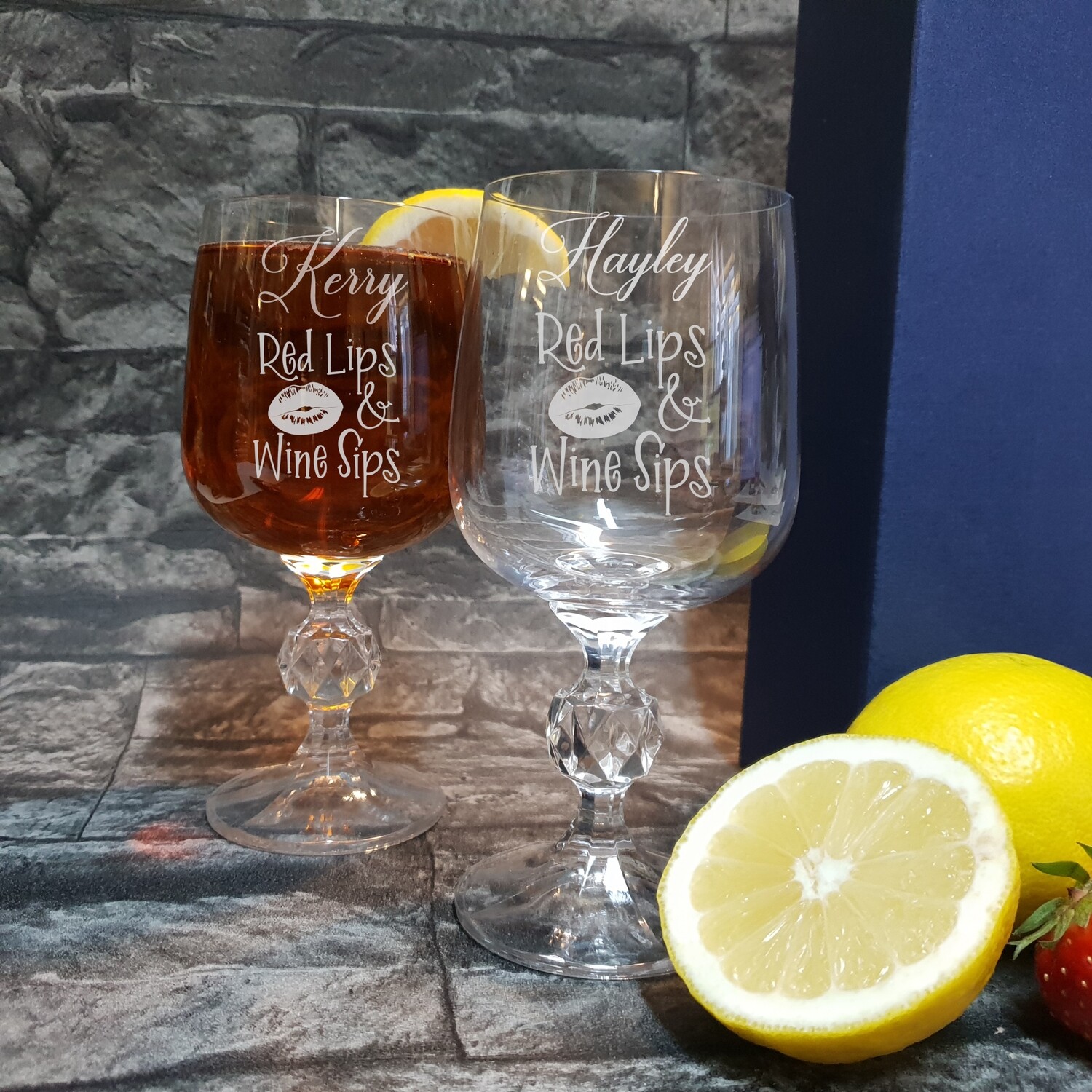 Fun Personalised &quot;Red lips and wine sips&quot; small wine glass glass. Great Birthday and Christmas Gift for a Friend or loved one. WGA63