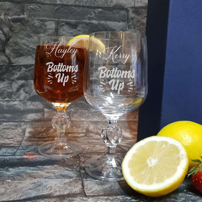 Fun Personalised &quot;Bottoms Up&quot; small wine glass glass. Great Birthday and Christmas Gift for a Friend or loved one. WGA72