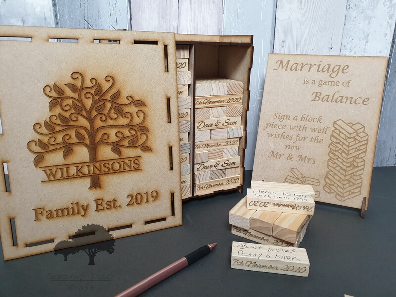 Wooden block game wedding Guestbook, 78,108 or 153 blocks in an engraved keepsake box. Sign optional. JEN1