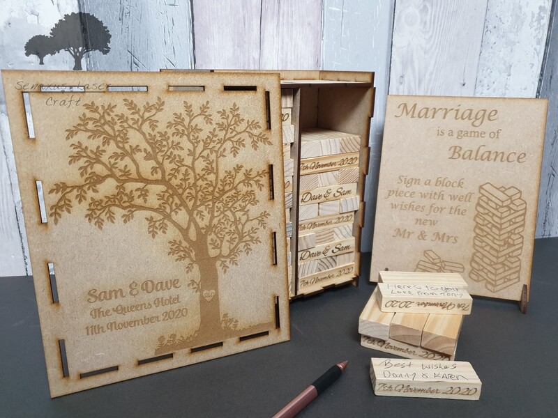 Wooden block game wedding Guestbook, 78,108 or 153 blocks in an engraved keepsake box. Sign optional. JEN2