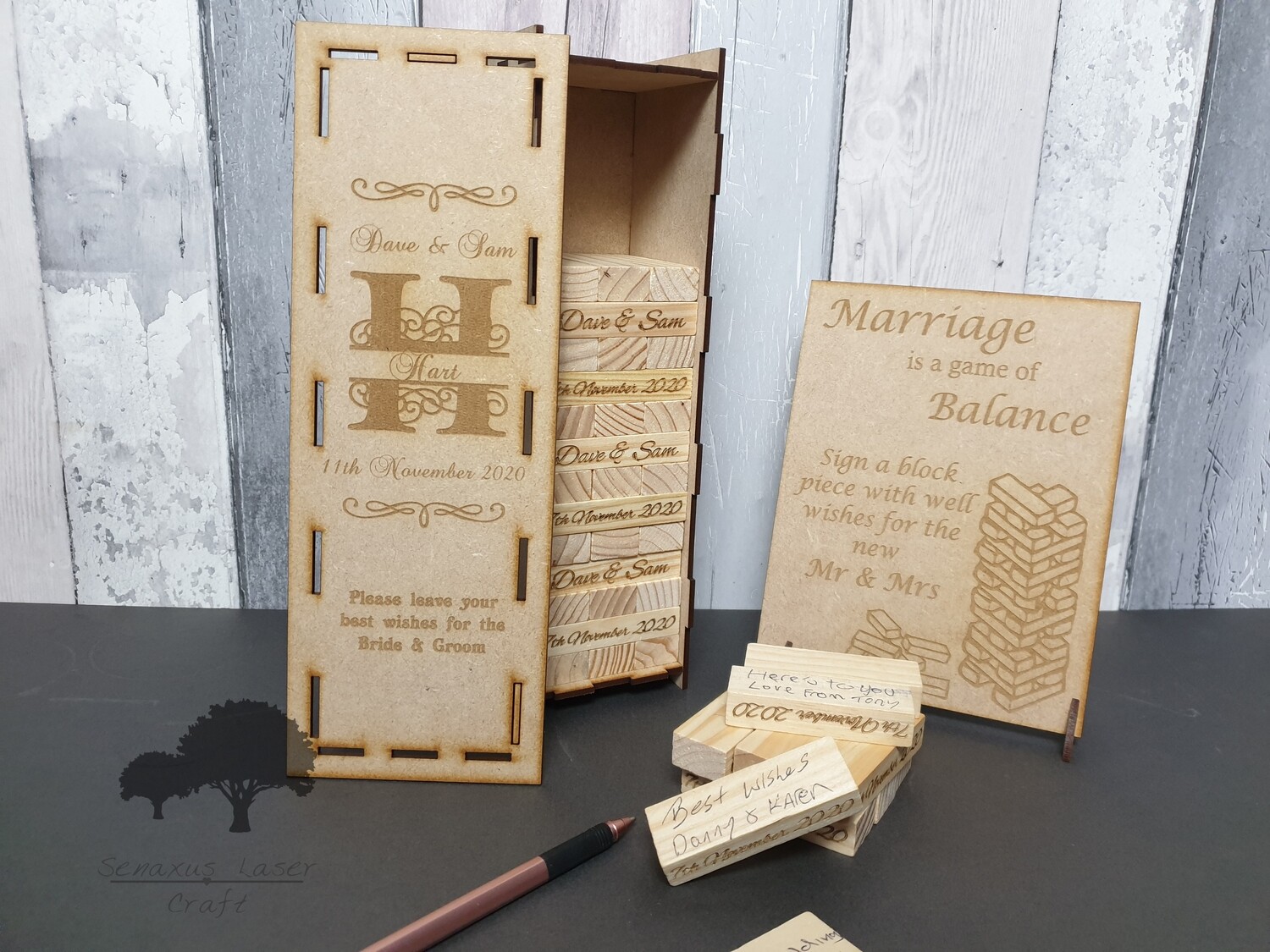 Wooden block game wedding Guestbook, 54, 78,108 or 153 blocks in an engraved keepsake box. Sign optional. JEN6