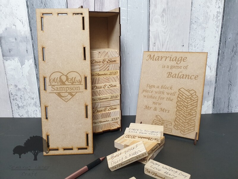 Wooden block game wedding Guestbook, 54, 78,108 or 153 blocks in an engraved keepsake box. Sign optional. JEN3