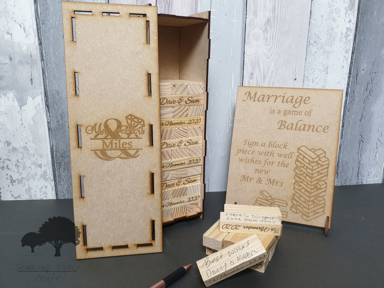 Wooden block game wedding Guestbook, 54, 78,108 or 153 blocks in an engraved keepsake box. Sign optional. JEN4