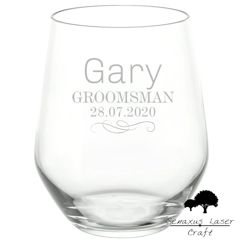 Personalised Engraved Stemmless Glass Groom/Bridal party gift SWG7