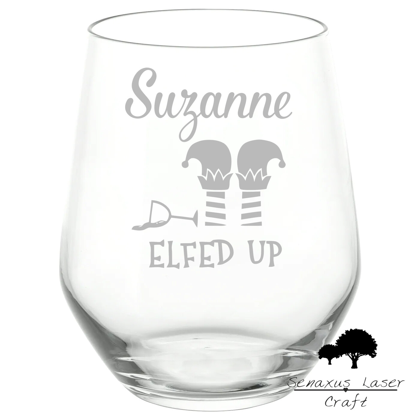 Personalised Engraved Stemmless Glass Elfed up gift SWG11