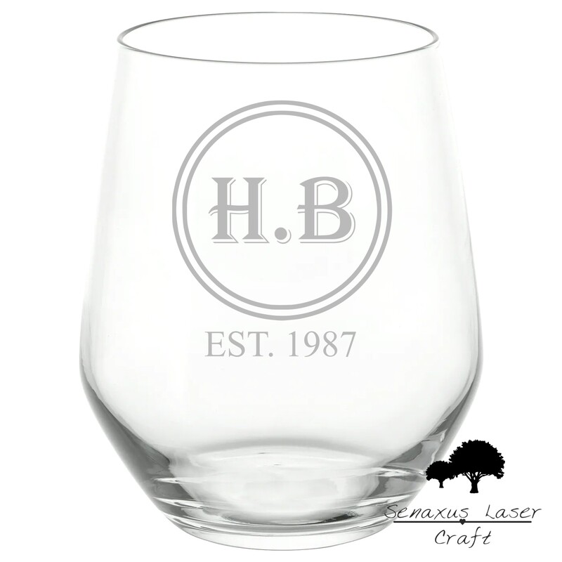 Personalised Engraved Stemmless Glass Monogram gift SWG14