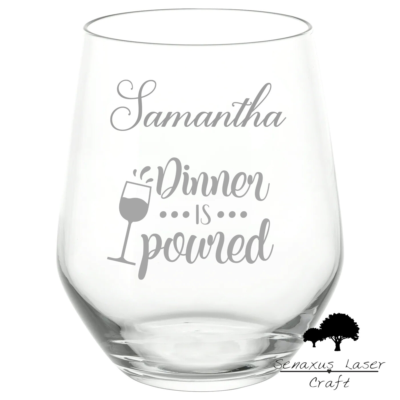 Personalised &quot;Dinner is Poured&quot; Funny Quote stemless wine/spirit Glass. Stunning Gift for Birthdays, Christmas or any other events