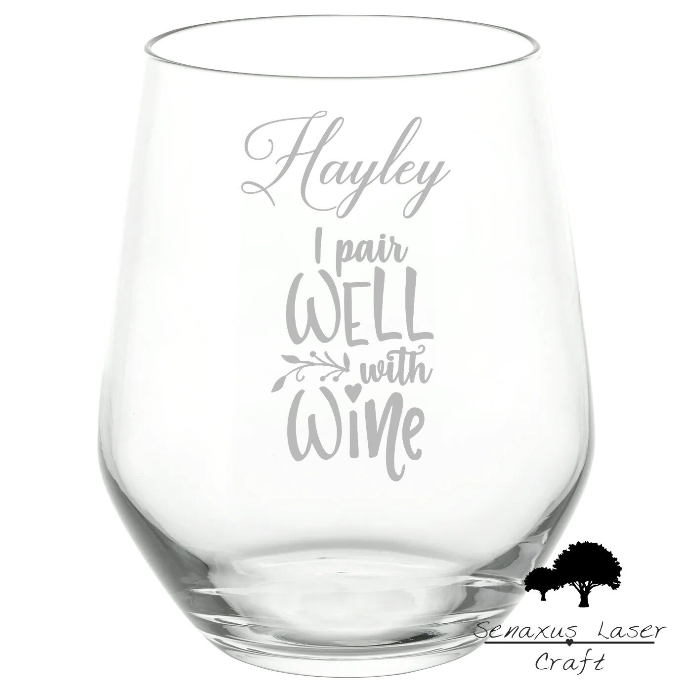 Personalised &quot;I Pair Well With Wine&quot; Funny Quote stemless wine/spirit Glass. Great Gift for All Events