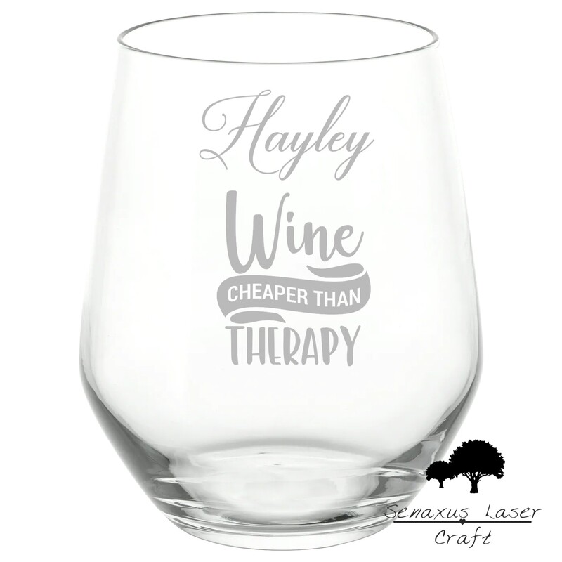 Personalised &quot;Wine, Cheaper Than Therapy&quot; Funny Quote stemless wine/spirit Glass. Great Gift for Any Occasion